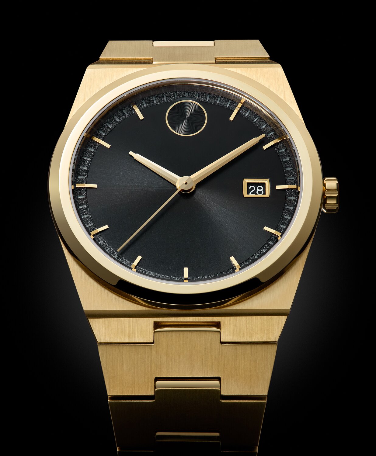 BOLD Quest watch with gold tone bracelet and black dial.