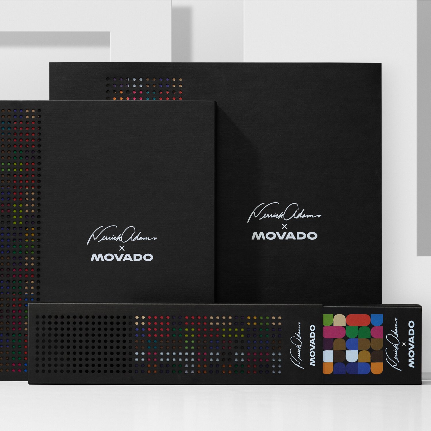 Derrick Adams X Movado watch, wall clock and collectors set packaging