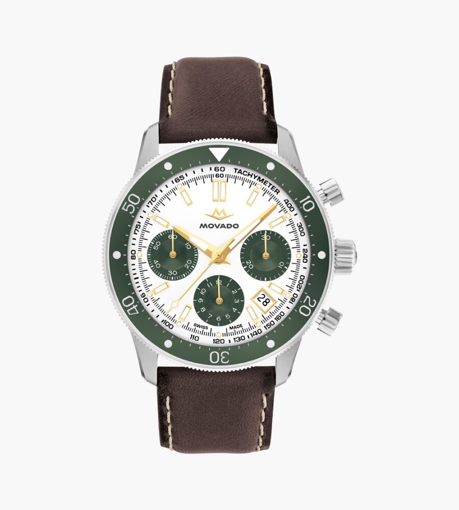 Alta Super Sub Sea watch with brown strap and white dial with green chronograph sub dials and bezel.
