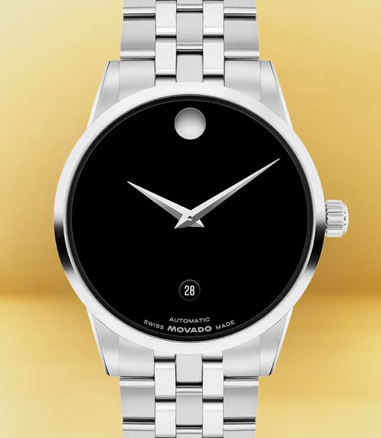Museum Classic Automatic watch with silver bracelet and black dial with silver accents.