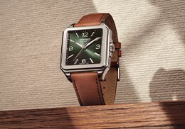 Heritage 1917 watch with brown leather strap and green square dial