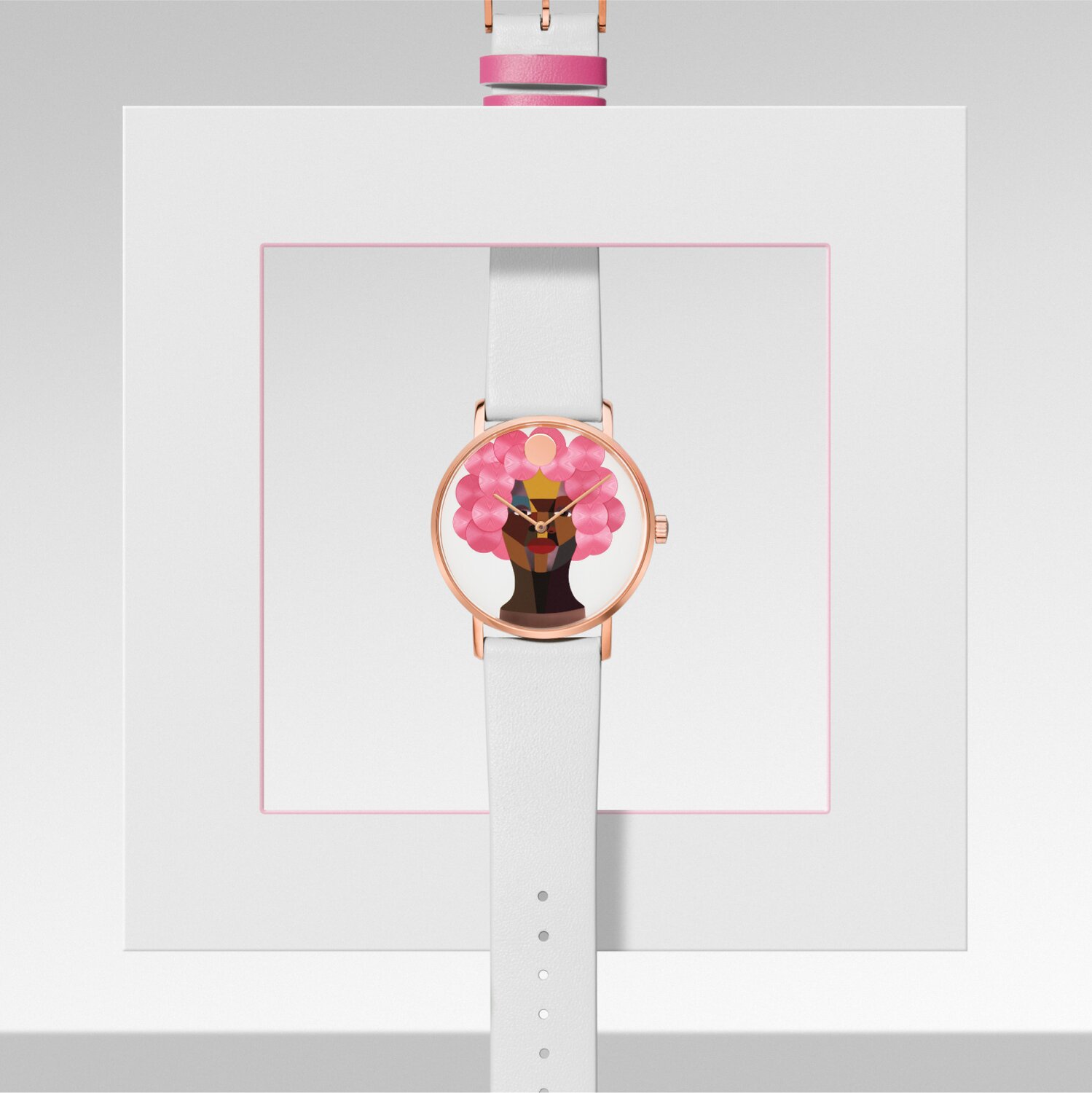 White Movado watch featuring the artwork of Derrick Adams, Style Variation Grid 6, and pink accents