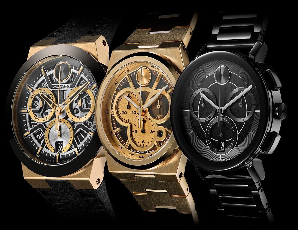 Three BOLD Quest Skeleton watches in black with gold accents, gold, and black.