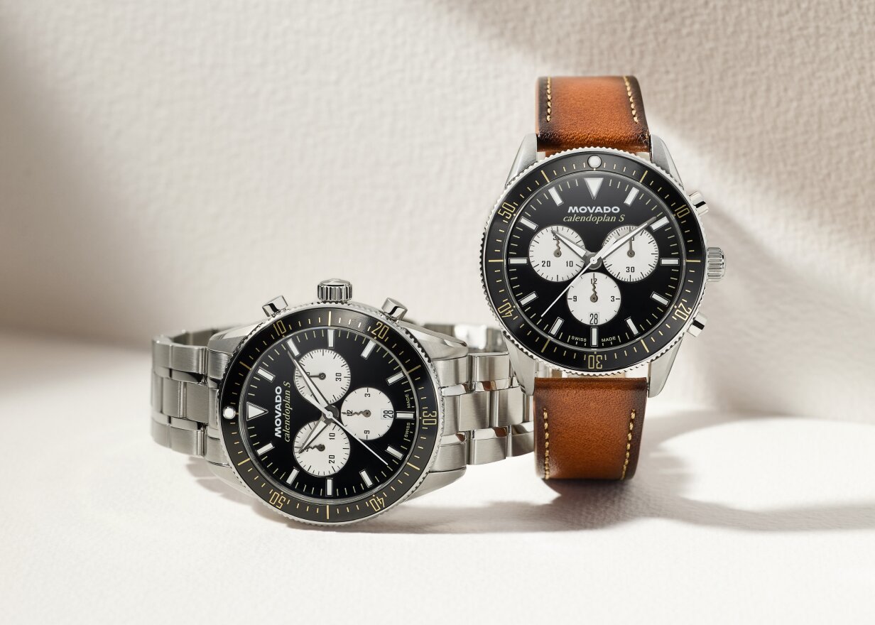 Calendoplan S Chronograph watches with black dials and stainless steel bracelet and brown strap.