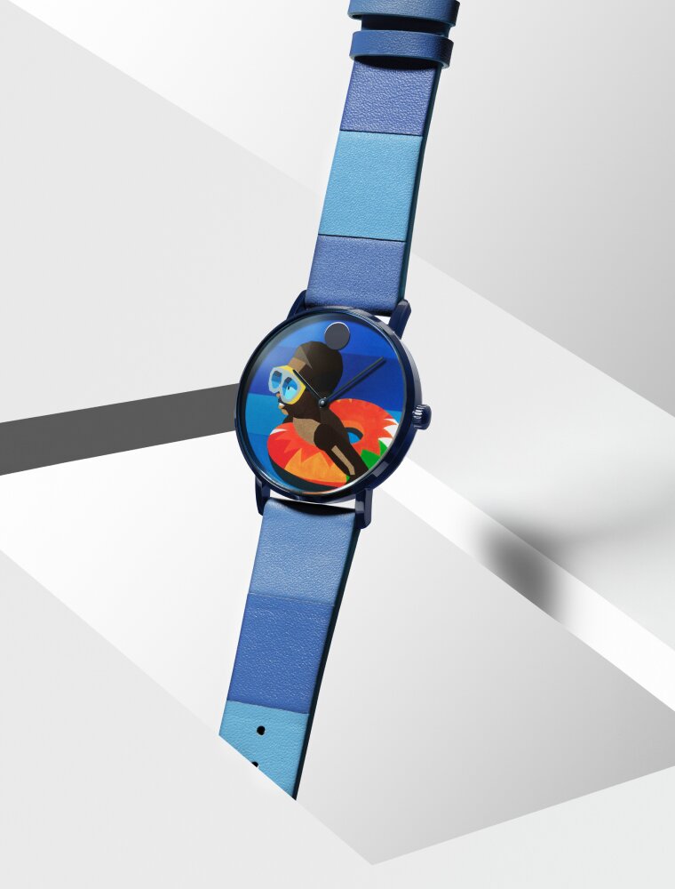 Blue Movado watch featuring the artwork of Derrick Adams, Floater 109