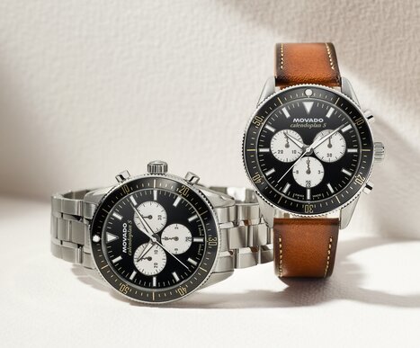 Calendoplan S Chronograph stainless steel bracelet watch with black dial and Calendoplan S Chronograph watch with brown strap and black dial.
