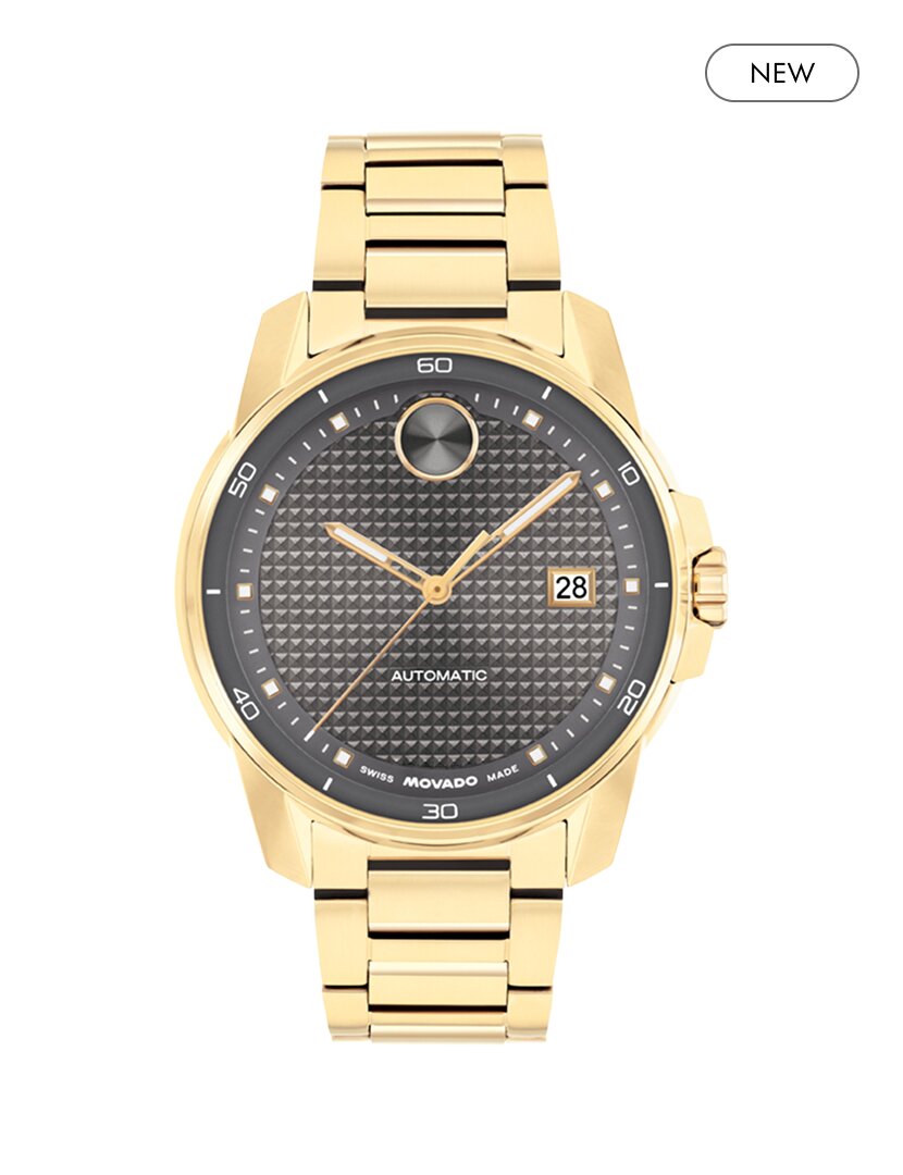 BOLD Verso Automatic  gold tone bracelet watch with grey dial and "new" badge in the top right corner.