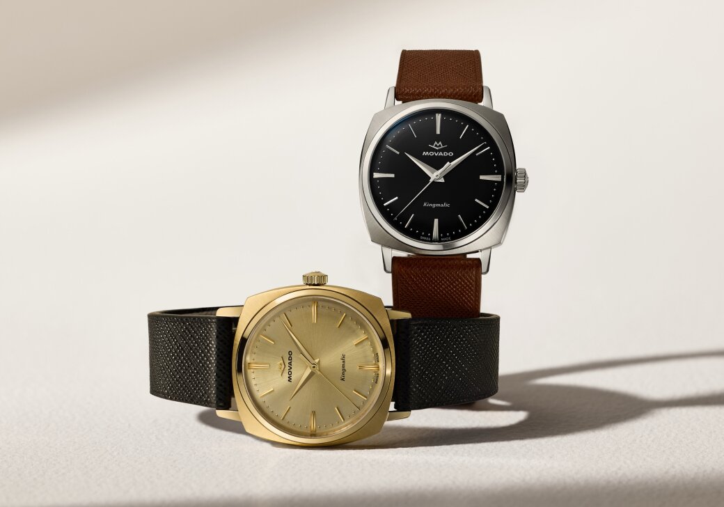 Heritage Kingmatic watch with black strap and gold dial and brown strap and black dial.