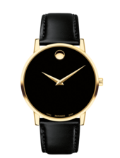 Black Museum Classic watch with leather strap and gold accents.