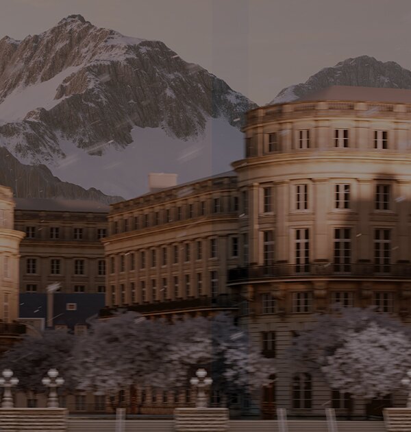 Snow-capped mountains in a Swiss town