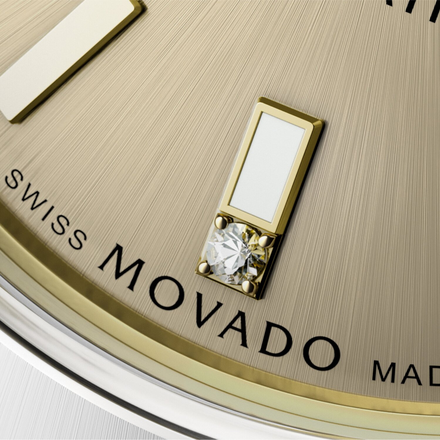 Zoomed in pale gold Movado SE dial with diamond markers