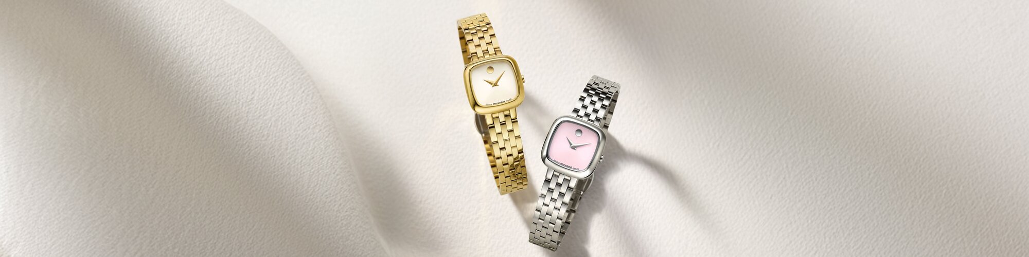 Gold Museum Classic bracelet watch with white square dial next to a stainless steel Museum Classic bracelet watch with pink square dial.