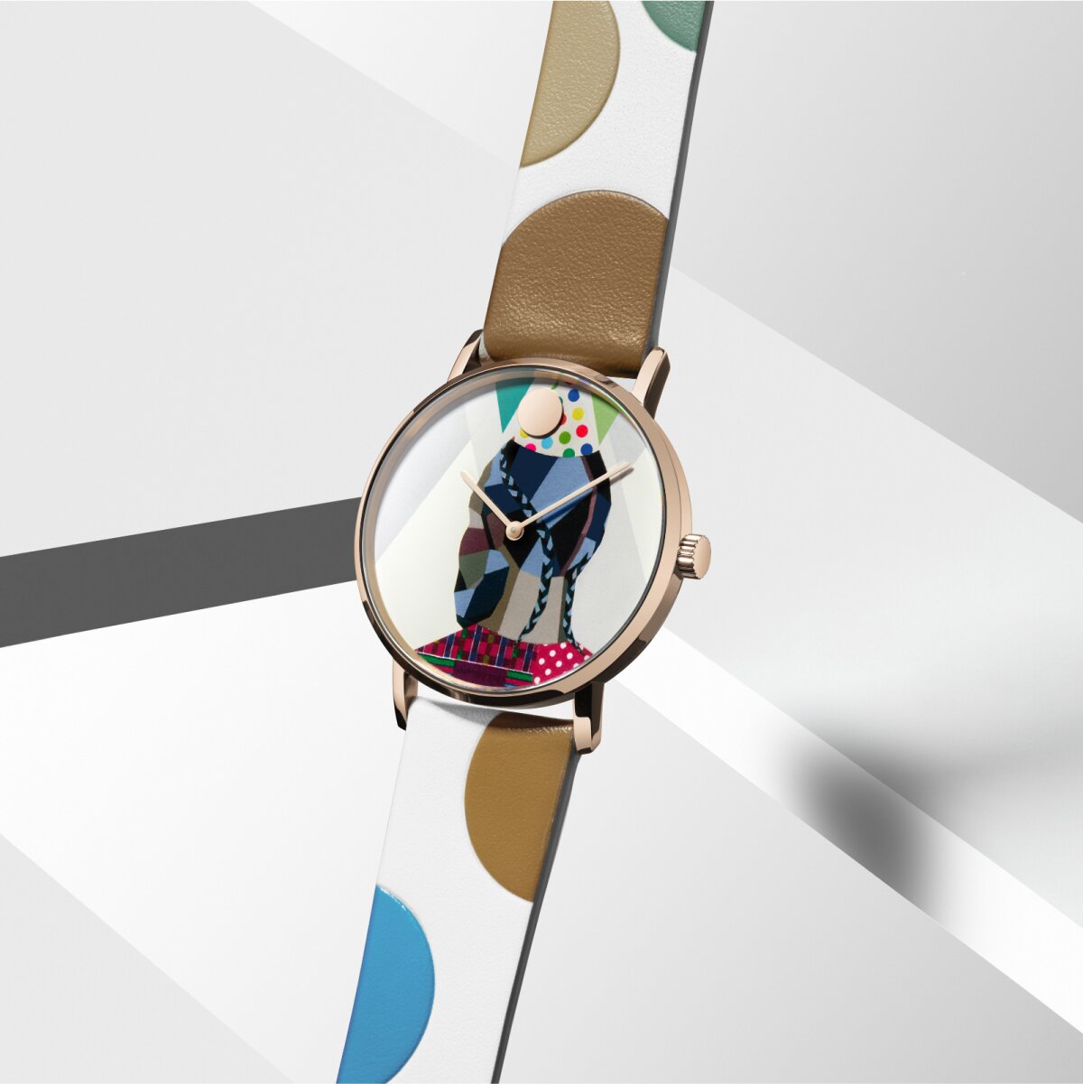 White Movado watch with polka dot strap featuring the artwork of Derrick Adams, We Came To Party And Plan 35