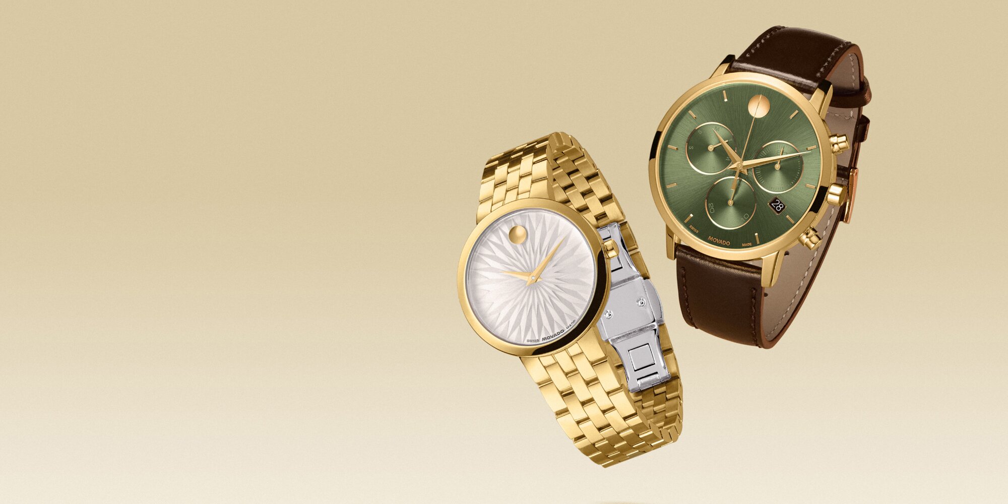 Museum Classic women's watch with gold plated bracelet and white textured dial next to a men's Museum Classic chronograph watch with brown strap and green dial