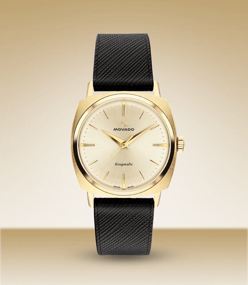 Heritage Kingmatic watch with black leather strap and square gold dial.