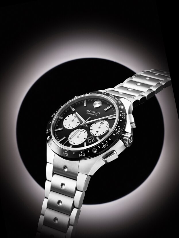 Alta SE Chronograph watch with stainless steel bracelet and black dial with white sub dials.