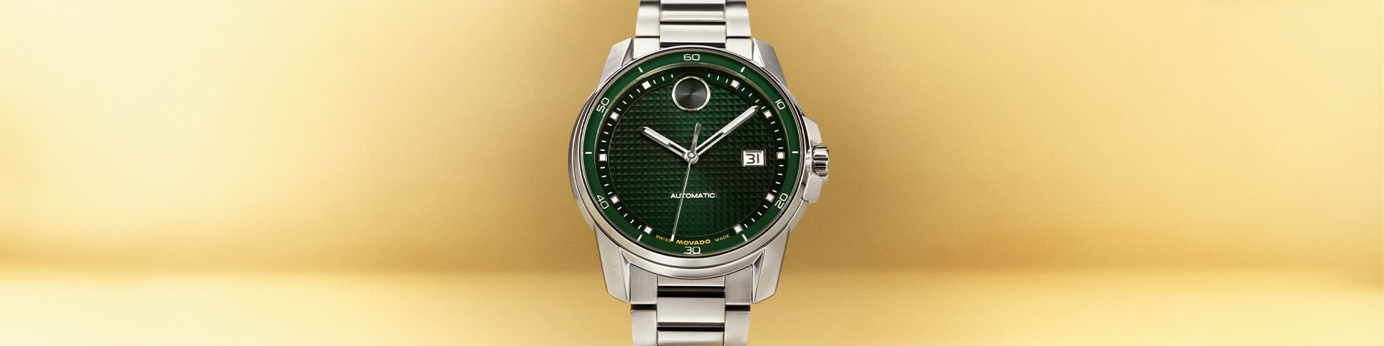 Men's BOLD Verso watch with stainless steel bracelet and green textured dial.