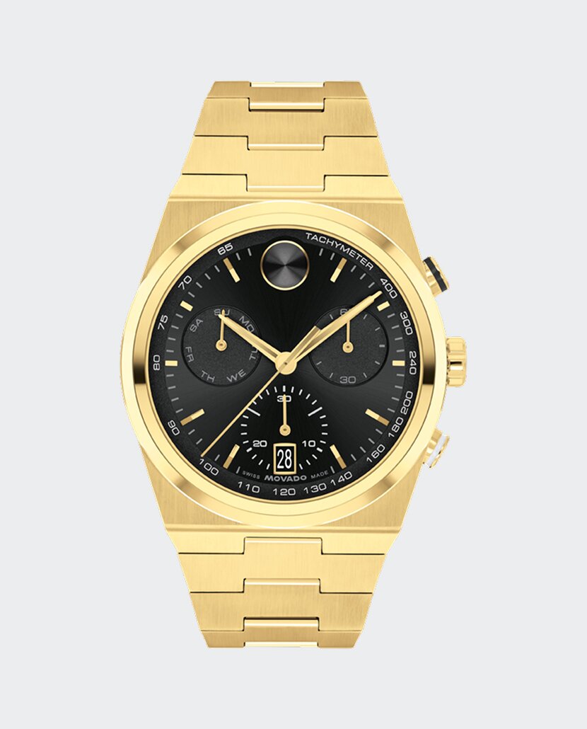 BOLD Quest watch with black PVD bracelet and rose gold tone chronograph dial.