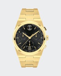 BOLD Quest watch with black PVD bracelet and rose gold tone chronograph dial.