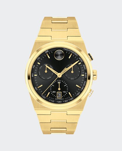 BOLD Quest watch with black PVD bracelet and rose gold tone chronograph dial.