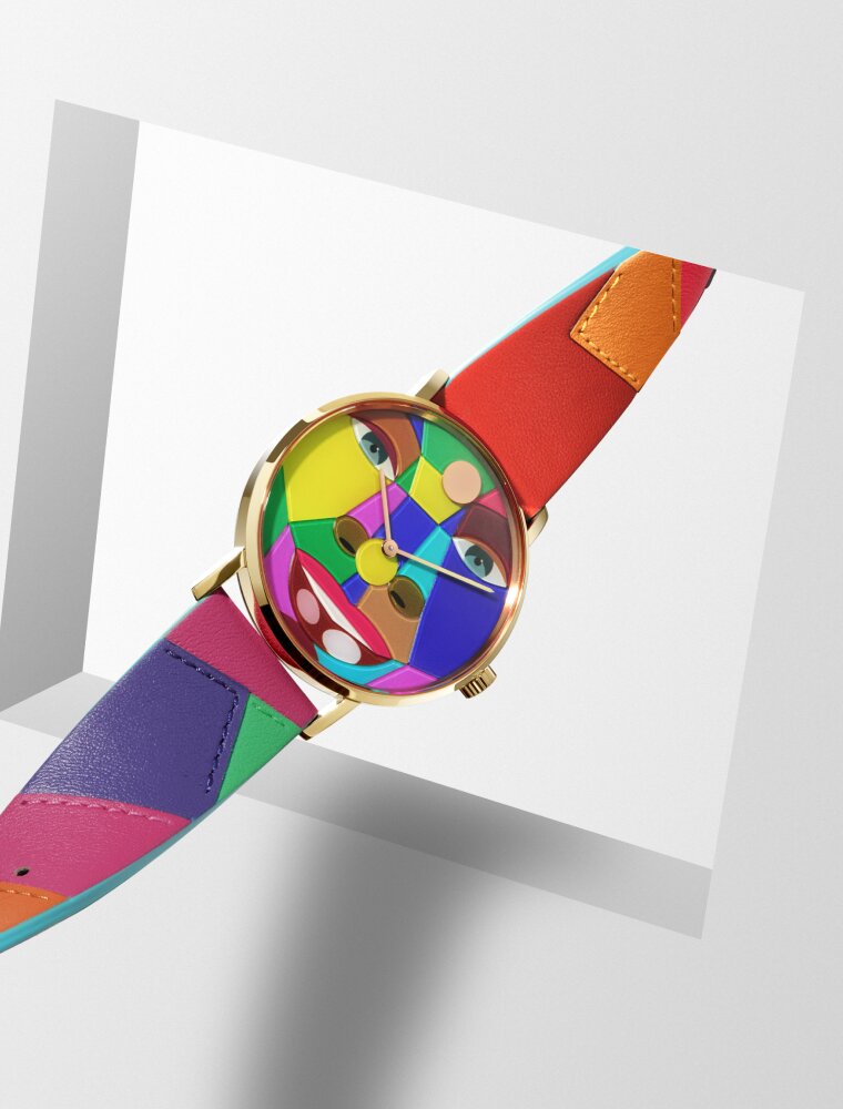 Multi-colored patchwork Movado watch featuring the artwork of Derrick Adams, Arting