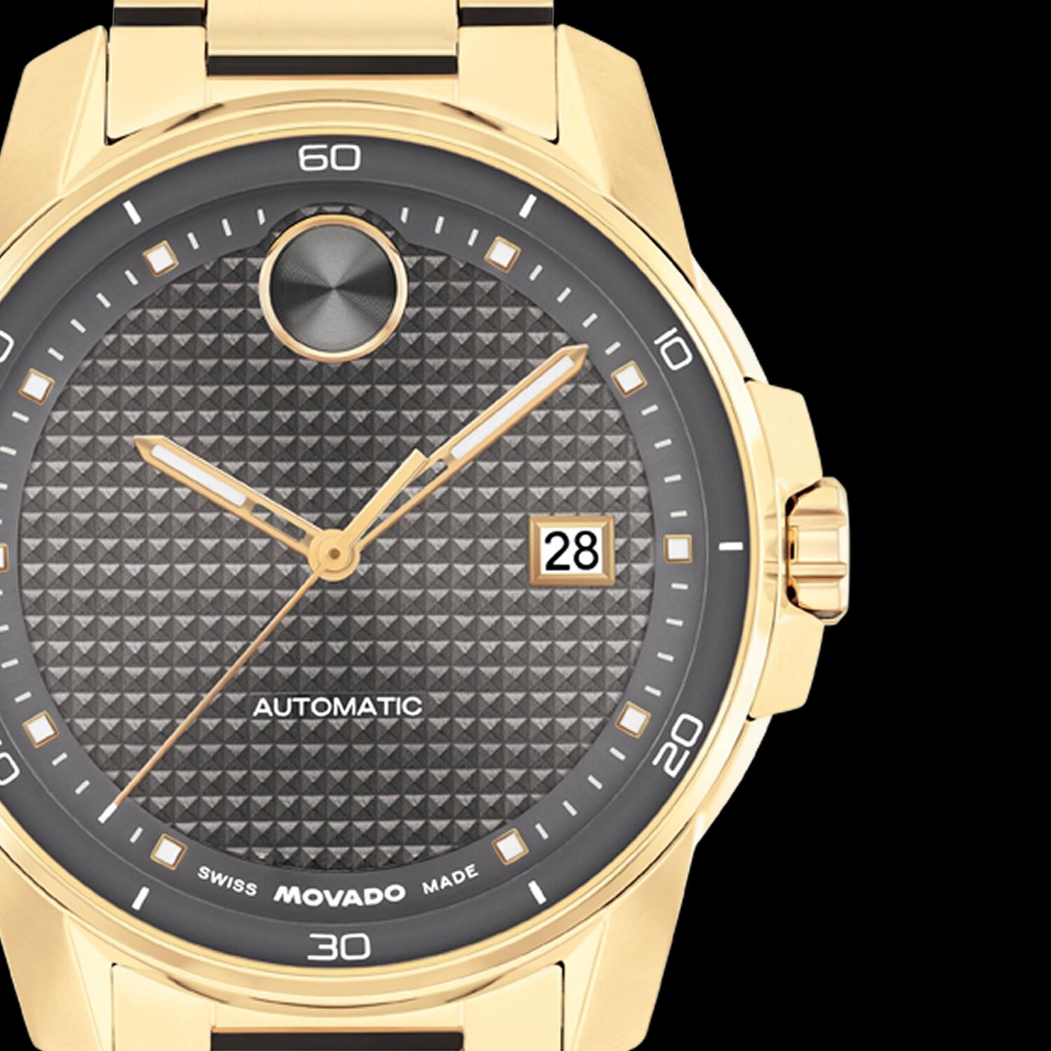 BOLD Verso watch with gold tone bracelet and grey textured dial.
