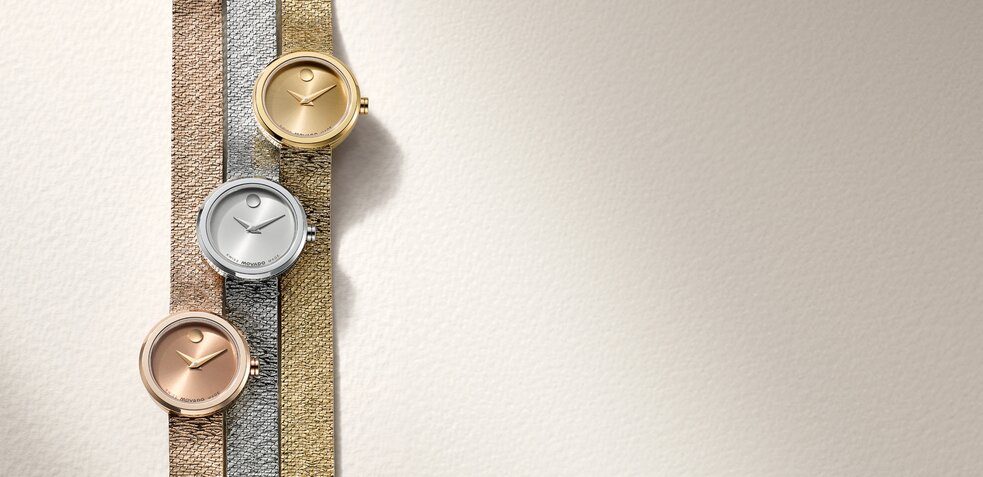 Museum Velura Mini mesh watches in rose gold tone, stainless steel and gold tone.