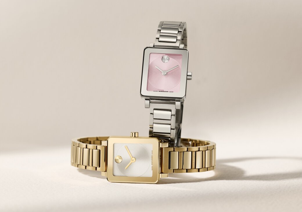 BOLD Evolution 2.0 Mini watch with stainless steel bracelet and pink square dial above a gold tone BOLD Evolution 2.0 Mini watch with white square dial.