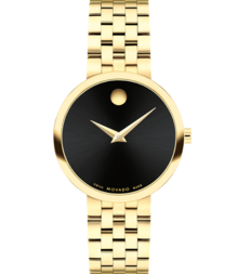 Museum Classic women's watch with gold tone bracelet and and black dial.