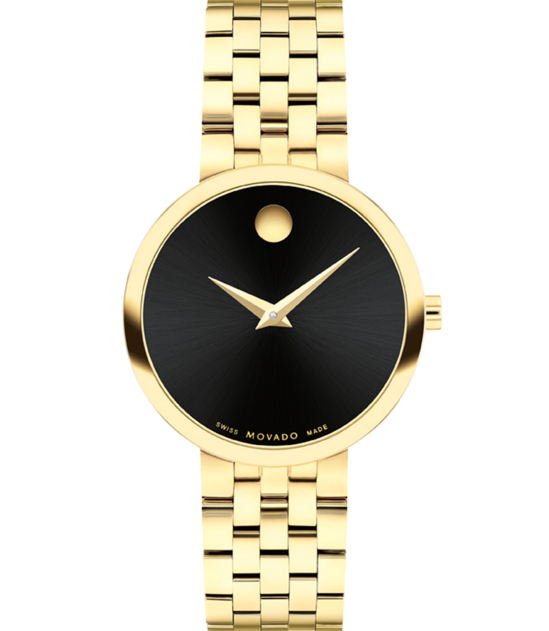 Museum Classic women's watch with gold tone bracelet and and black dial.