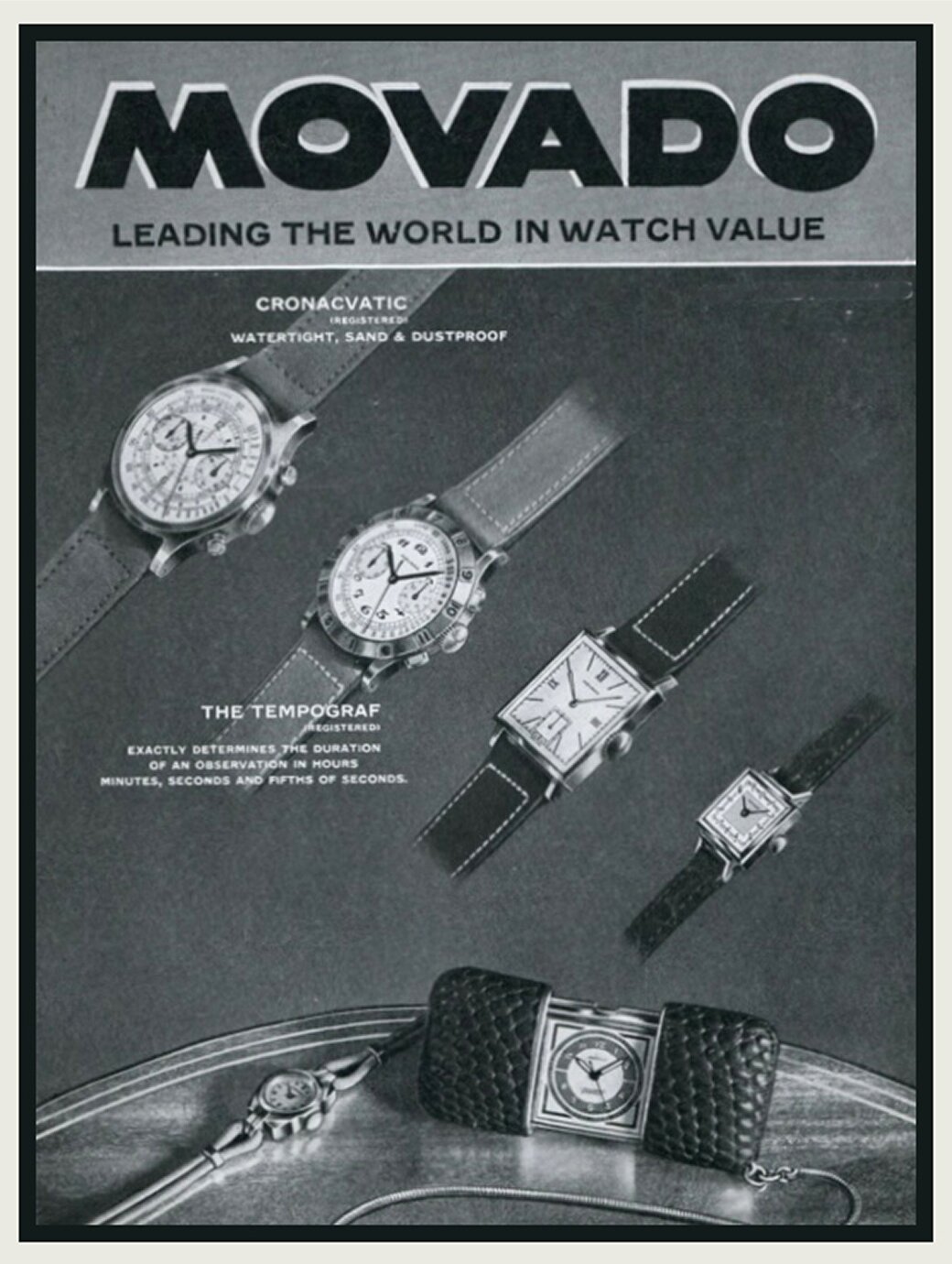 Black and white Movado Heritage series watch add from 1939 that features 5 Heritage Series watches.