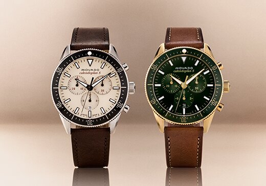 Heritage Series Calendoplan S watch with brown strap and tan chronograph dial next to another Heritage Series Calendoplan S with brown strap and green chronograph dial