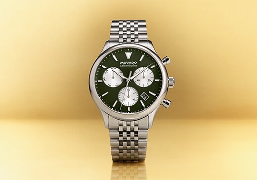 Heritage Series Calendoplan watch with silver bracelet and green chronograph dial