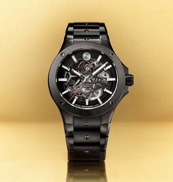 Black Movado Alta SE Automatic watch with skeleton dial
