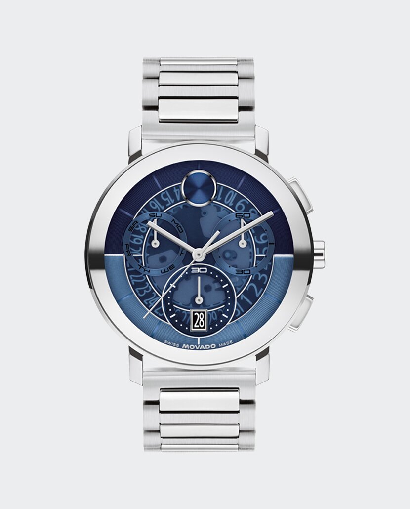 BOLD Evolution 2.0 chronograph watch with silver bracelet and blue skeleton dial.