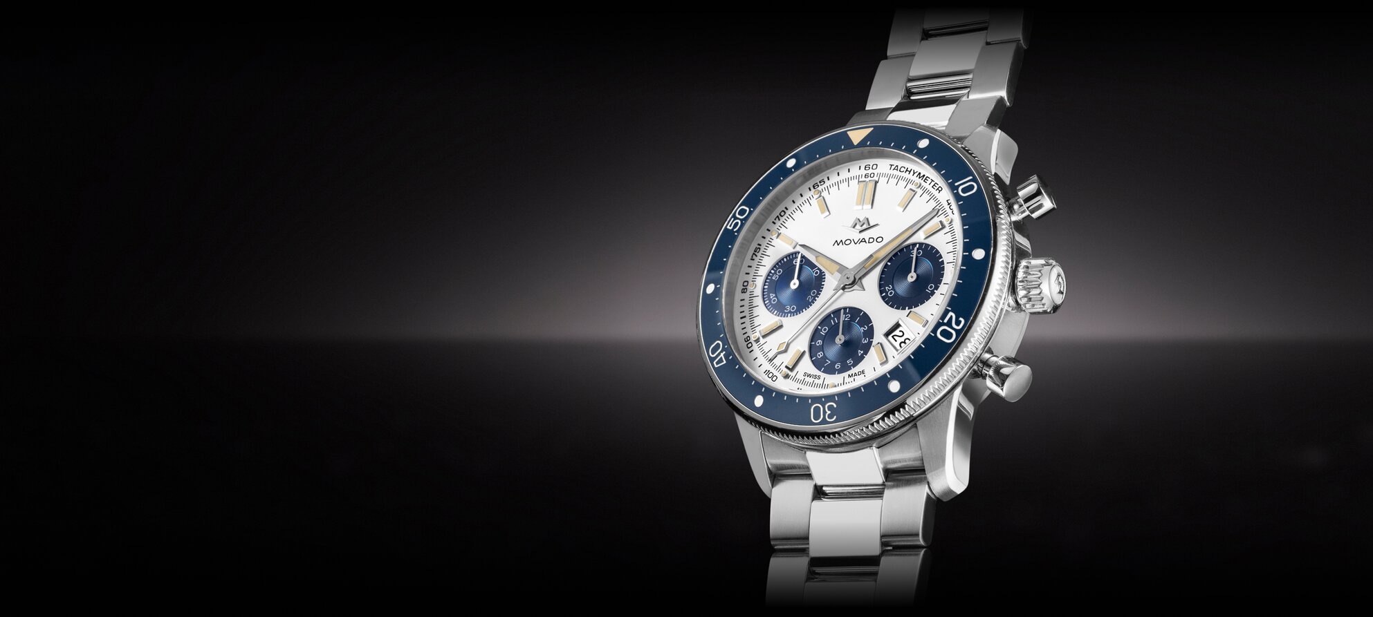 Alta Super Sub Sea Chronograph watch with stainless steel bracelet and white and blue dial.