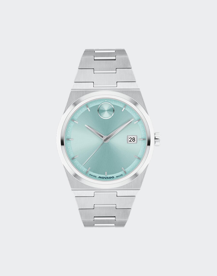 Movado BOLD Quest watch with stainless steel bracelet and blue dial.