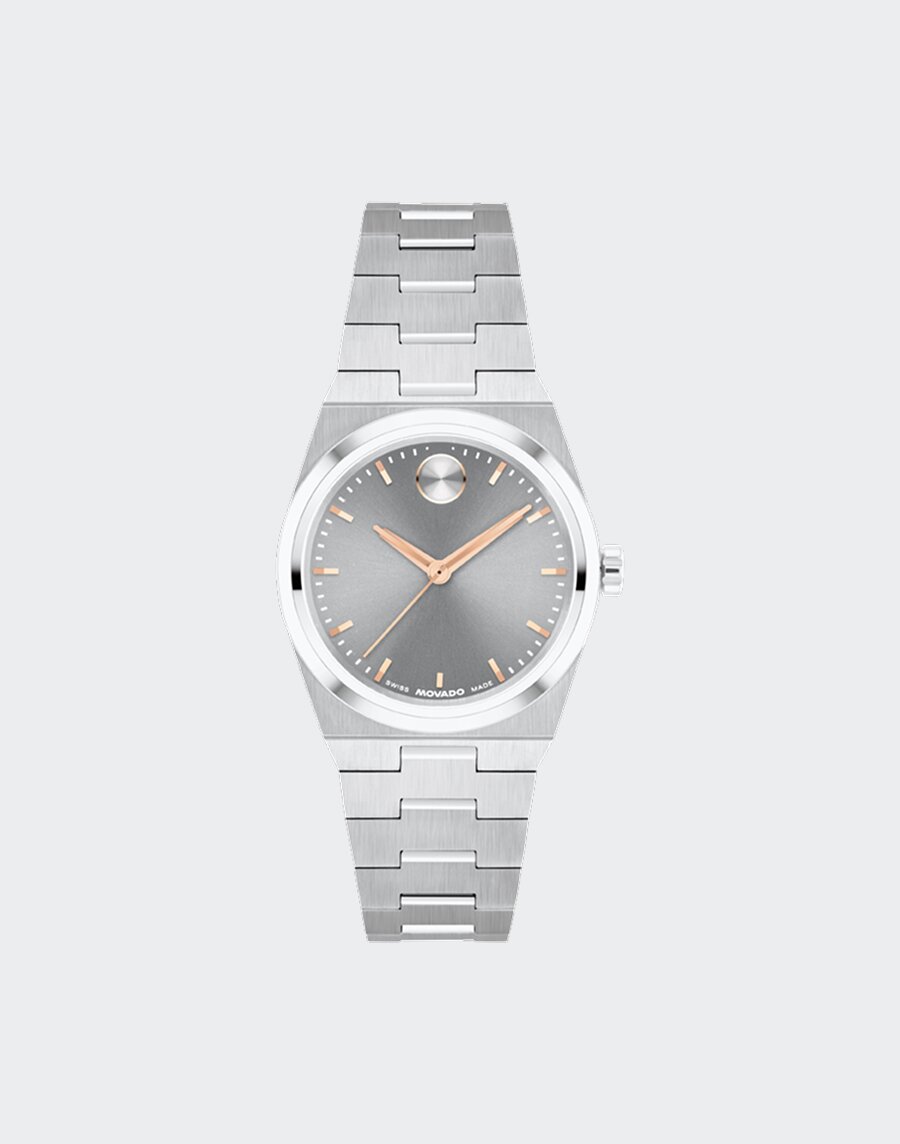 Movado BOLD Quest Mini with stainless steel bracelet and grey dial.
