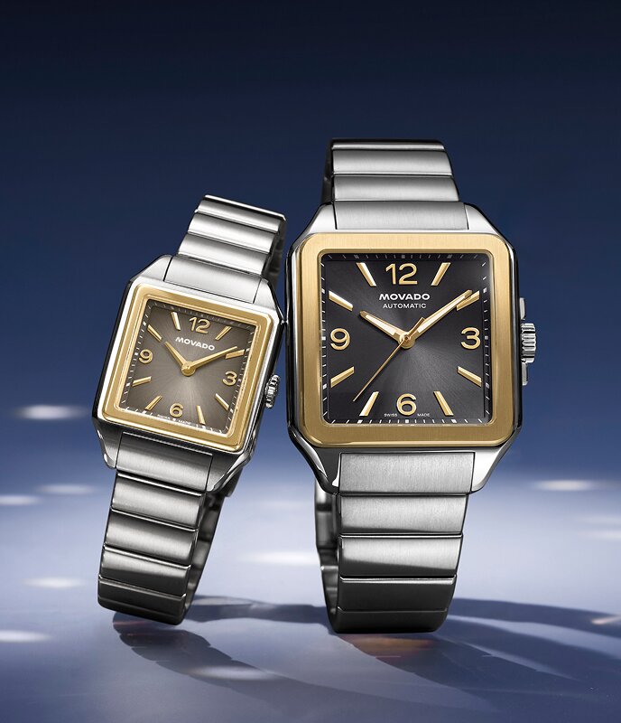 Men's and Women's Heritage 1917 watches with stainless steel bracelet and square dial.