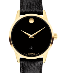 Black Museum Classic Automatic watch with leather strap and gold accents on the dial.