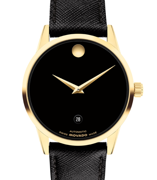 Black Museum Classic Automatic watch with leather strap and gold accents on the dial.