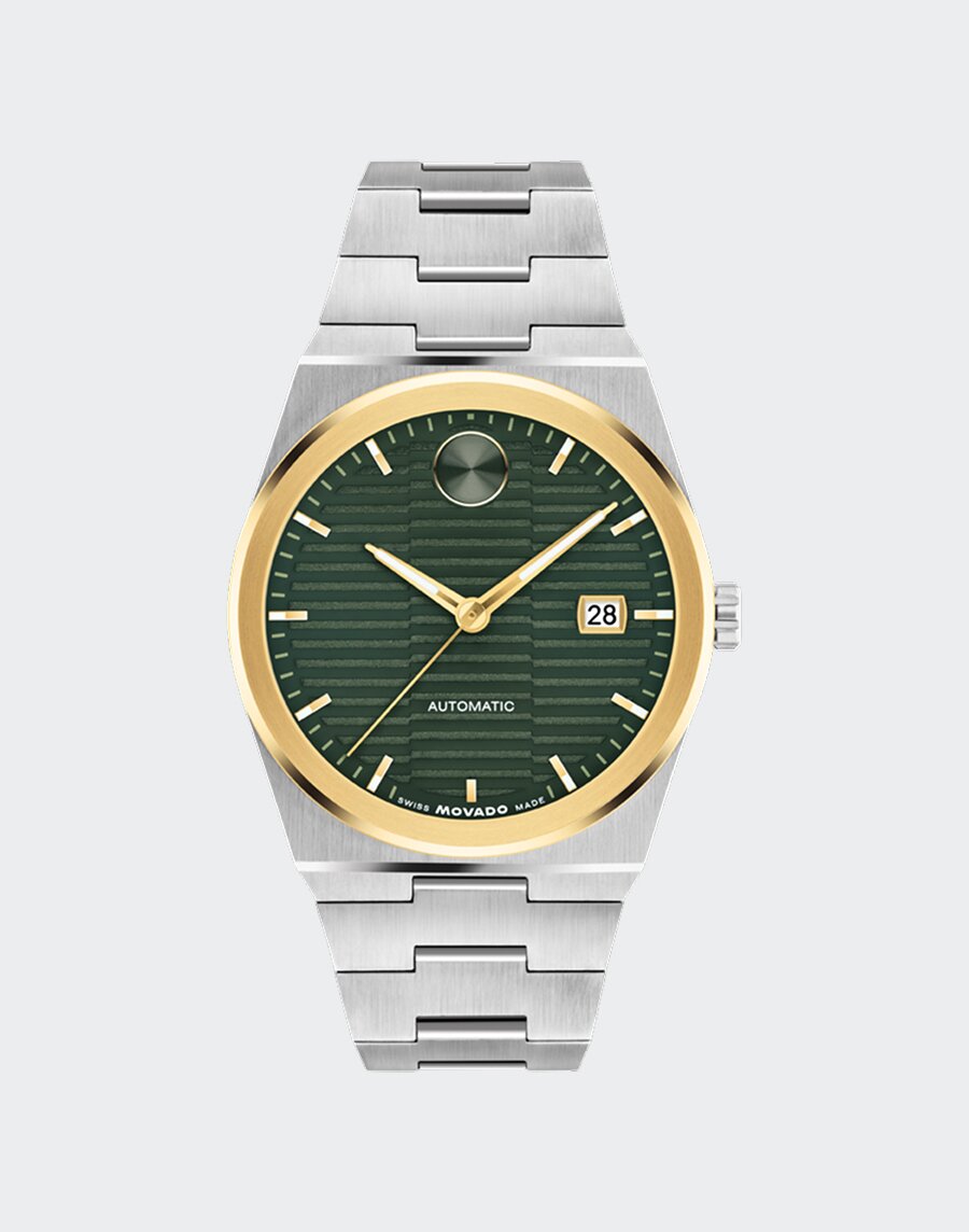 Movado BOLD Quest Automatic watch with stainless steel bracelet and green dial.