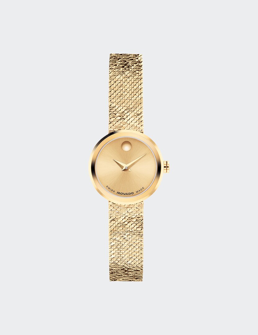 Gold tone Museum Velura watch with mesh bracelet.