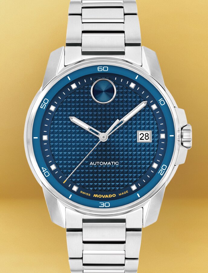 BOLD Verso Automatic watch with silver bracelet and blue dial.