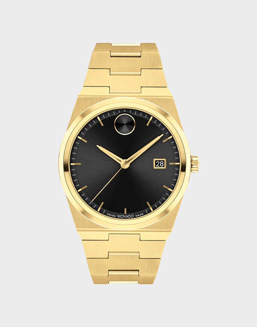 Movado BOLD Quest watch with gold tone bracelet and black dial.