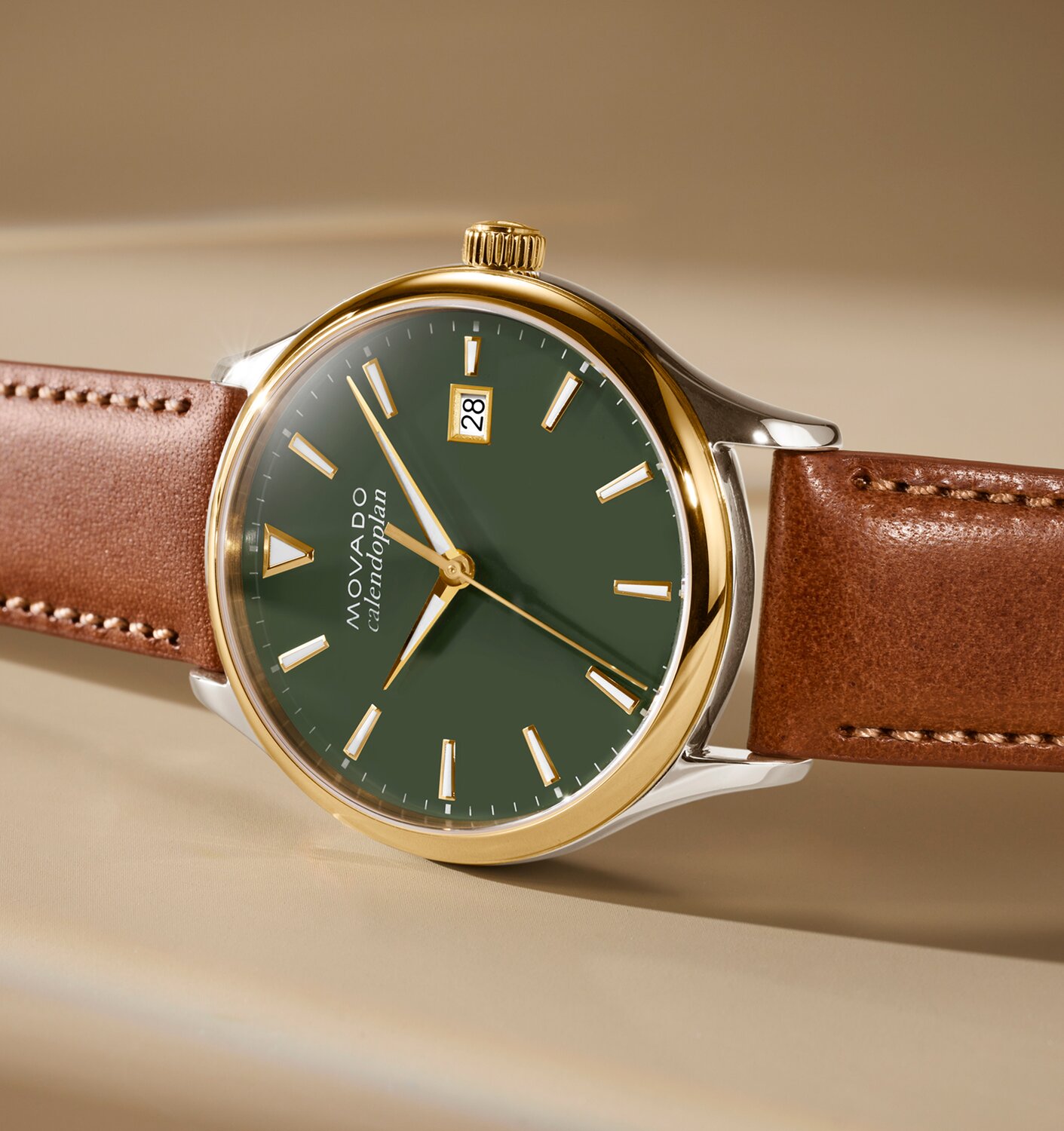Heritage Series Calendoplan watch with brown strap and green dial.
