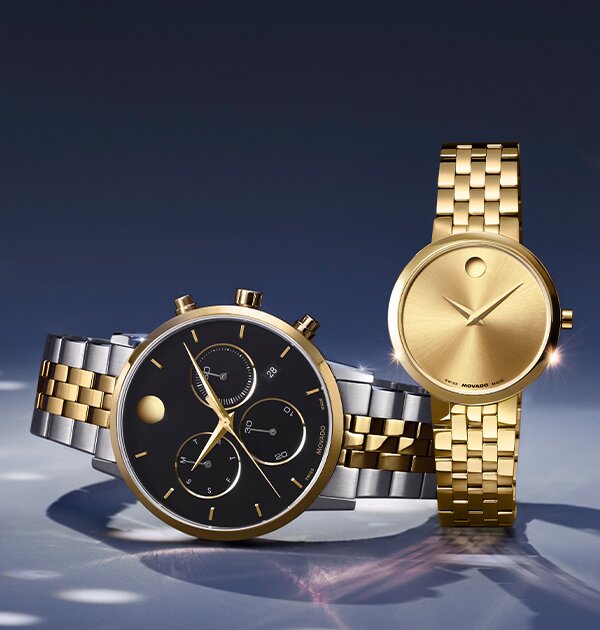Two tone Museum Classic chronograph watch with black dial next to a gold tone women's Museum Classic watch.