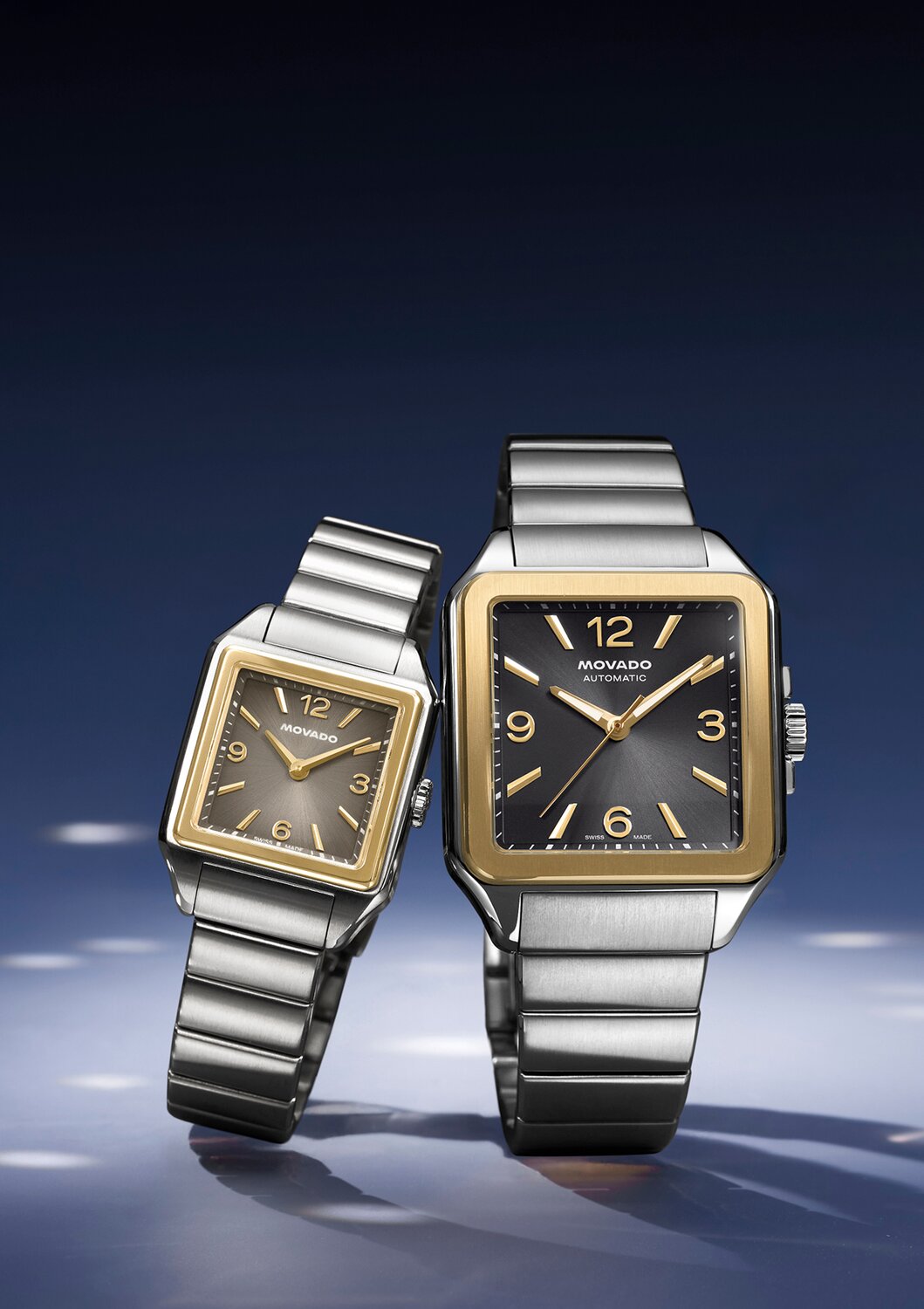 Two tone womens and mens 1917 watches with square dial and stainless steel bracelet.