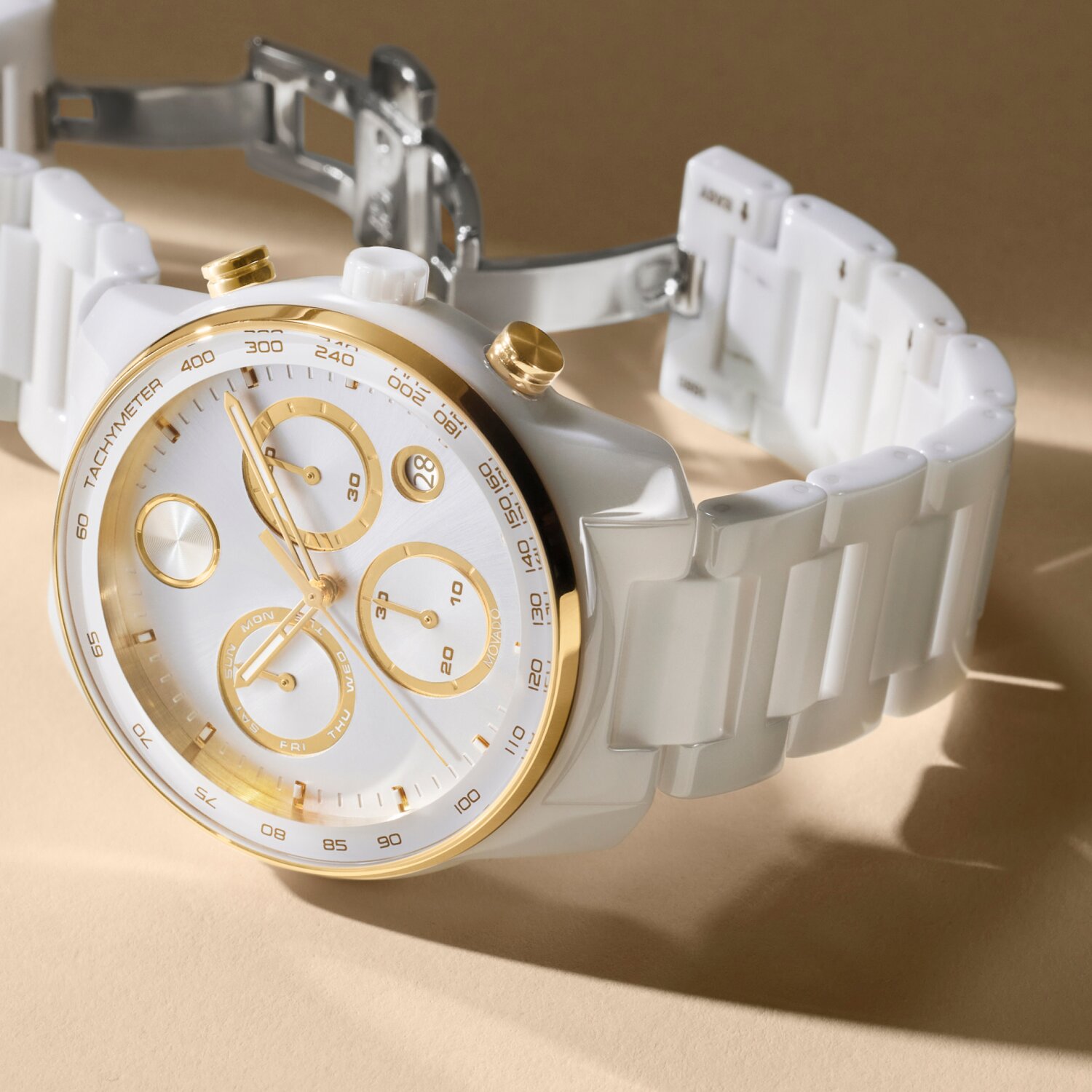 BOLD Verso White Ceramic Chronograph watch laying down