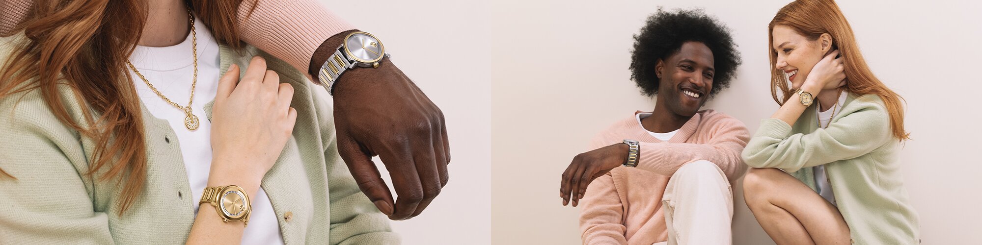 Man in a pink sweater wearing a two tone BOLD Evolution 2.0 bracelet watch sitting next to a woman in a green sweater wearing a gold tone BOLD Evolution 2.0 bracelet watch